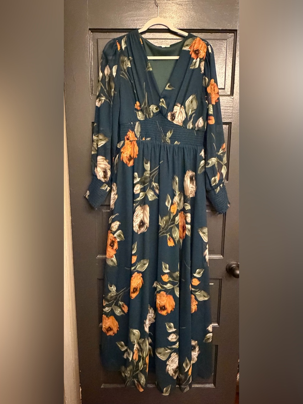 Baltic Born Teal Floral Long Sleeve Smocked Waist Dress with Orange Roses